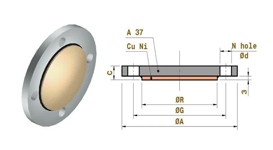 Technical drawing of a copper nickel flange cross section