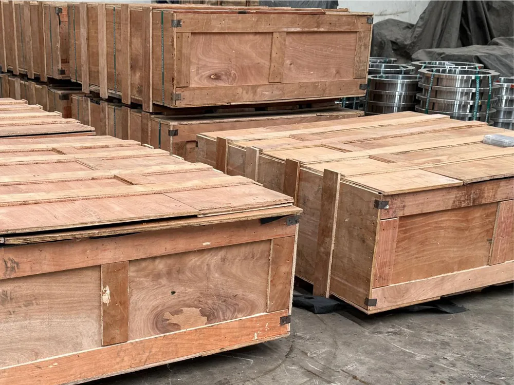 Wooden crates used for packing export shipments of flanges
