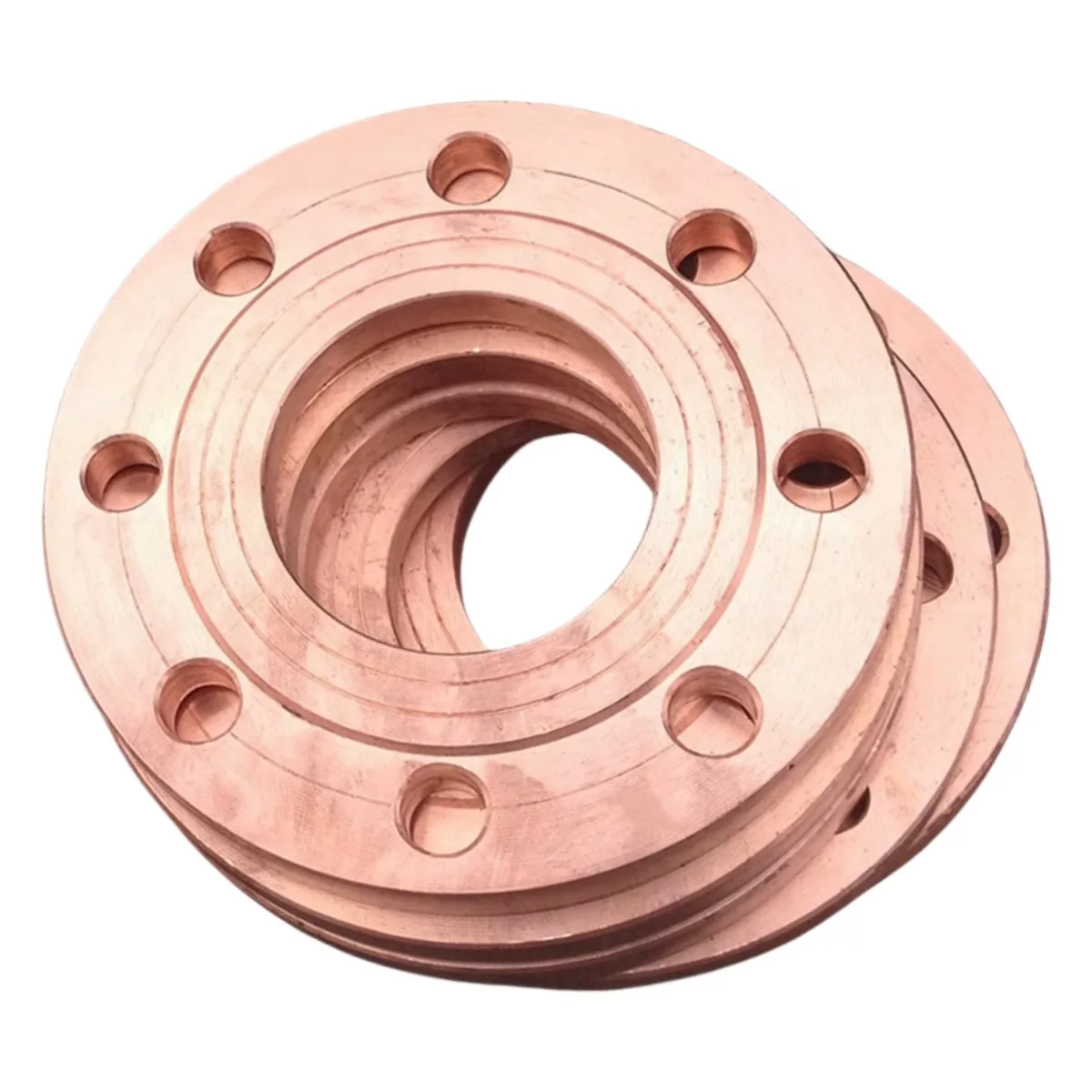 Assortment of copper nickel flanges including weld neck, slip-on and blind types