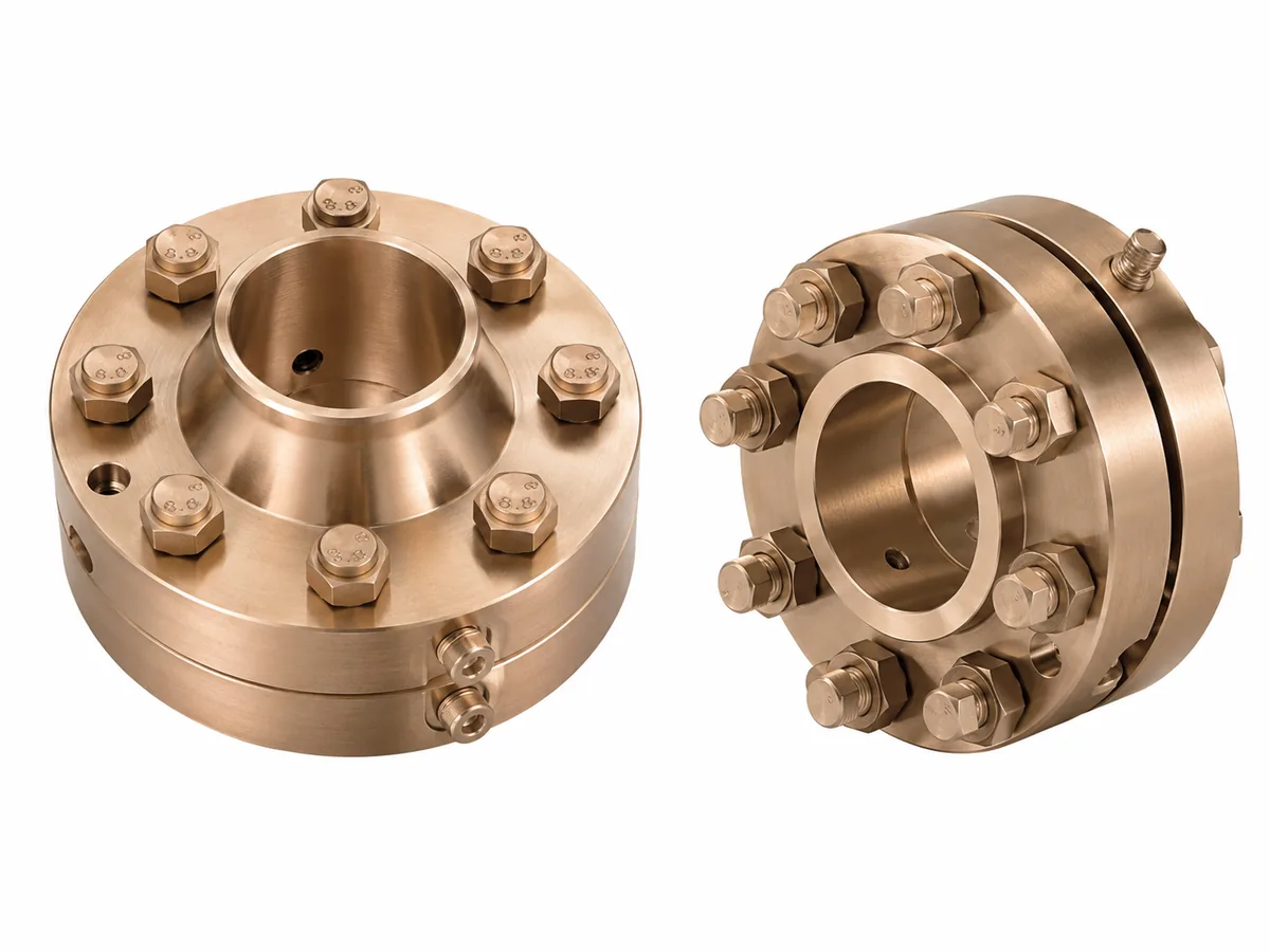 Pair of copper nickel orifice flanges assembled with bolts and jack screws