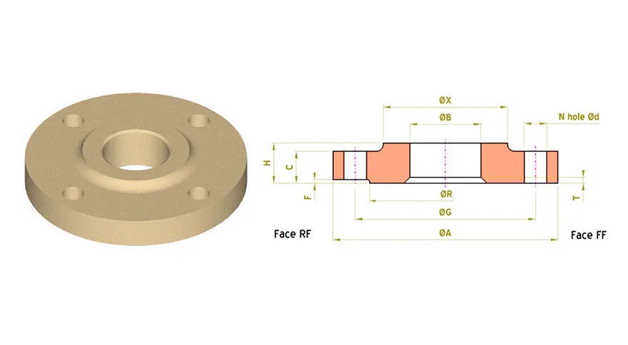 Technical drawing of a copper nickel slip-on flange with raised face and flat face options