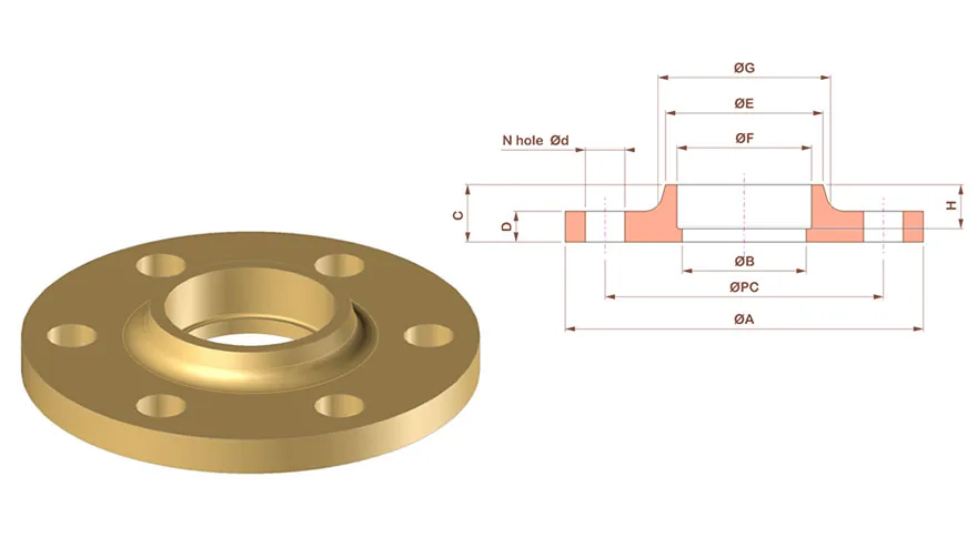 Copper nickel socket weld flange render with dimensional drawing