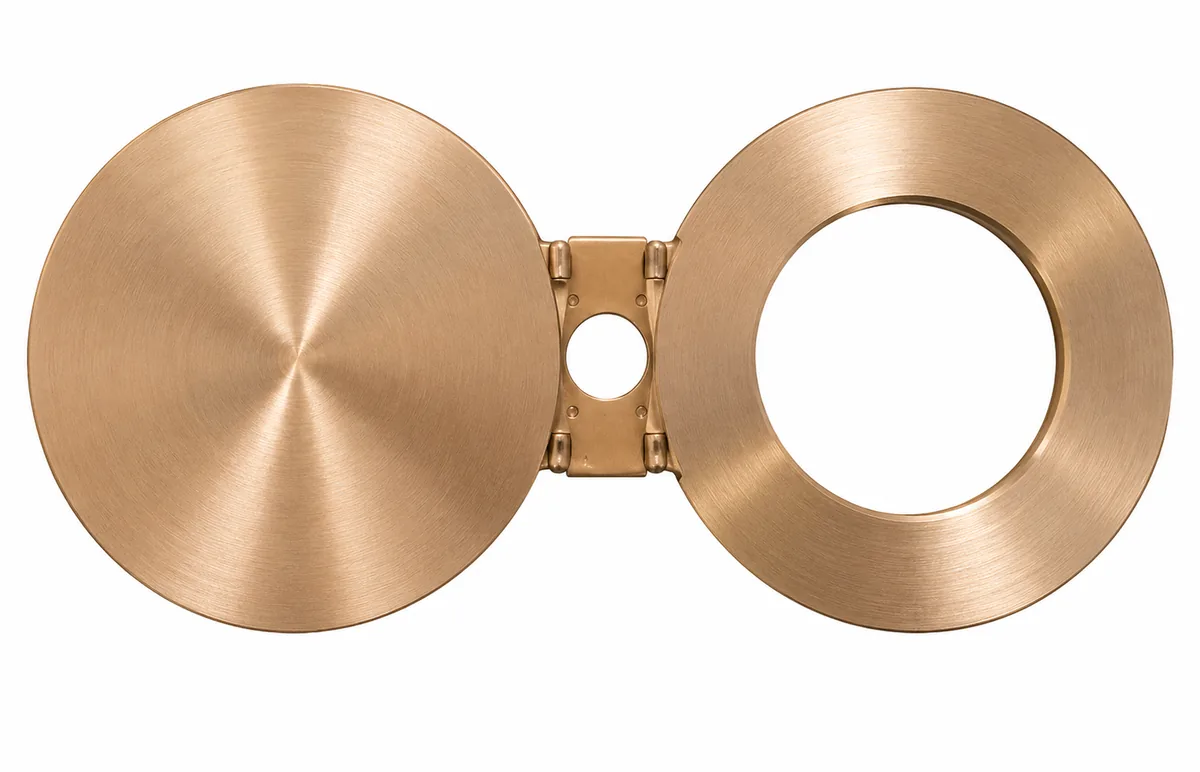 Copper nickel spectacle blind with one solid disc and one open ring joined by a web