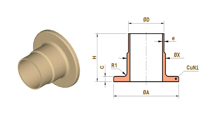 Section drawing of a copper nickel weld neck flange
